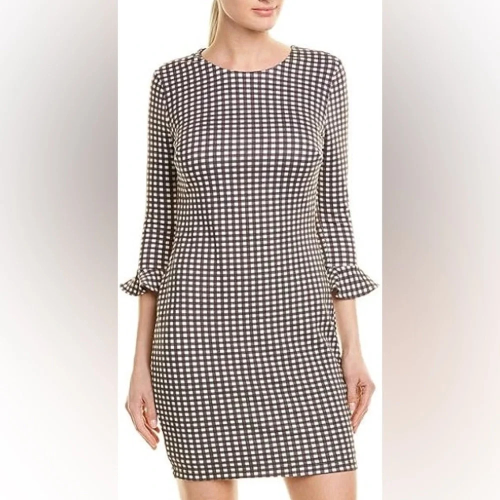 Bailey 44 Taupe Gingham Ponte Friends With Benefits Dress Plaid Ruffle Size L
